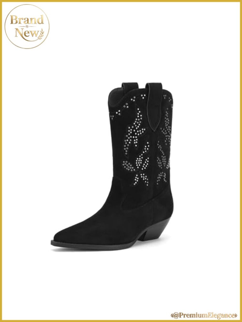 Women's Western Mid Calf Boots Faux Suede Pointed Toe Block Heel Rivets